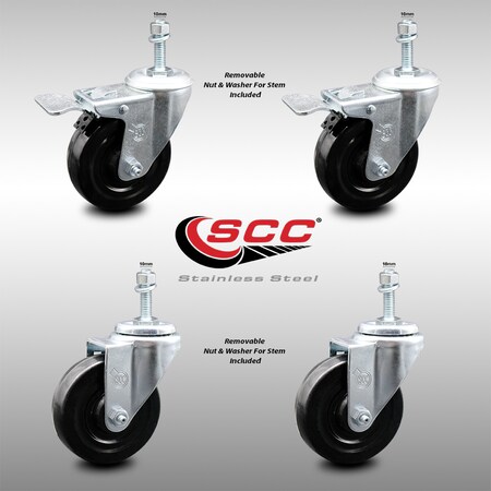 Service Caster 4 Inch SS Hard Rubber Swivel 10mm Threaded Stem Caster Lock Brake SCC, 2PK SCC-SSTSTTL20S414-HRS-M1015-2-S-2
